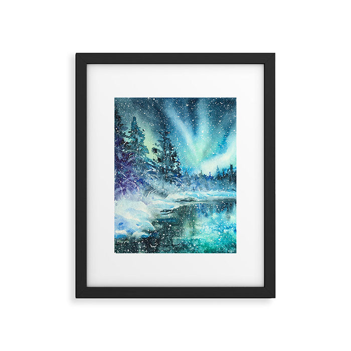 Snowy Northern Lights Forest Landscape Framed Art Print Gallery Image 1