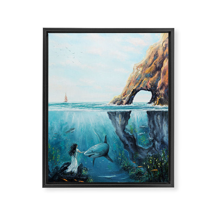 Surreal Ocean Dream 'Fairy Girl and the Shark' Framed Canvas Print Gallery Image 1