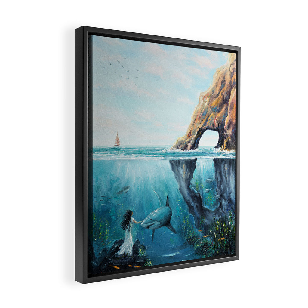 Surreal Ocean Dream 'Fairy Girl and the Shark' Framed Canvas Print Gallery Image 2
