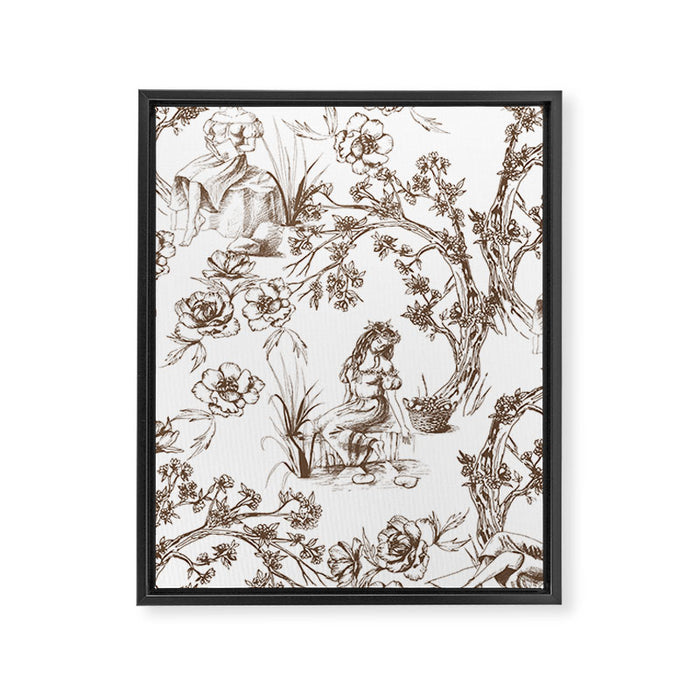 Toile de Jouy Contemporary French Boho Dark Brown & White Framed Canvas Print Gallery Image 1