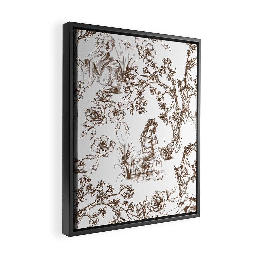 Toile de Jouy Contemporary French Boho Dark Brown & White Framed Canvas Print Gallery Image 2