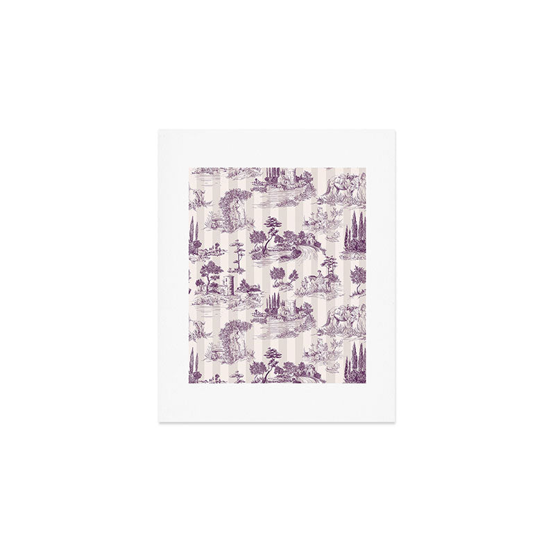 Toile de Jouy French Vintage Pastoral Plum & Cream Stripe Art Print Gallery Image 1