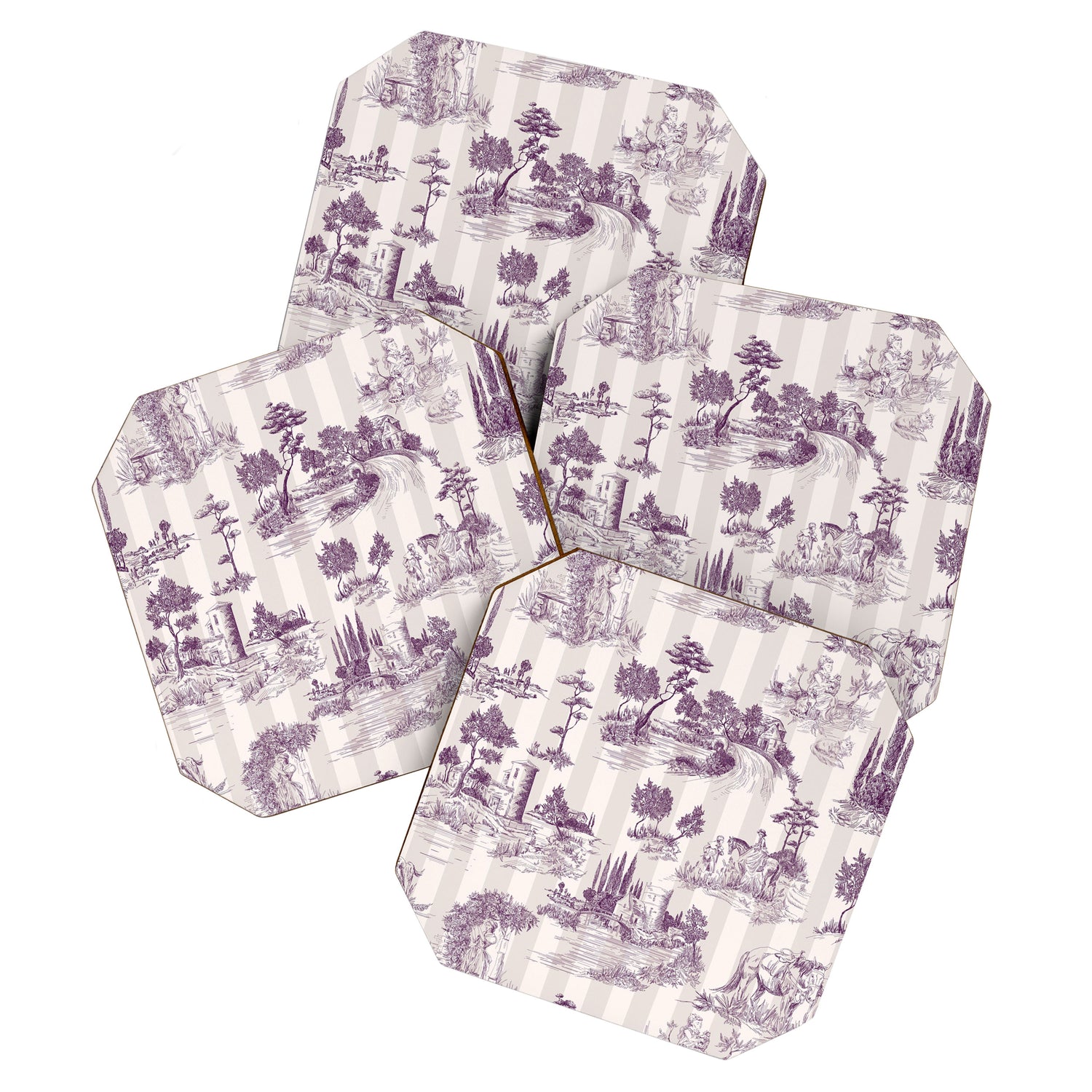 Toile de Jouy French Vintage Pastoral Plum & Cream Stripe Coaster Gallery Image 1