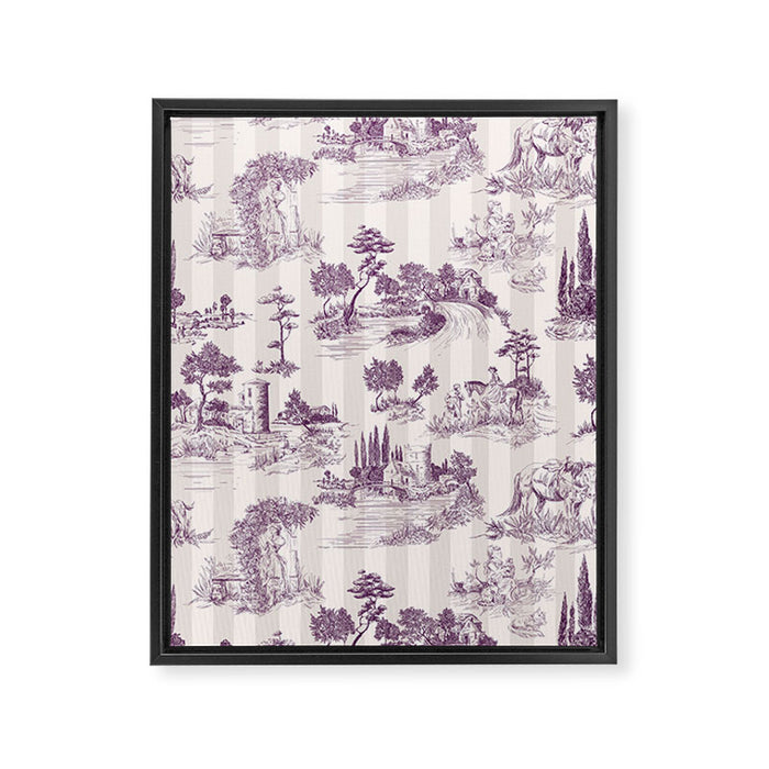 Toile de Jouy French Vintage Pastoral Plum & Cream Stripe Framed Canvas Print Gallery Image 1
