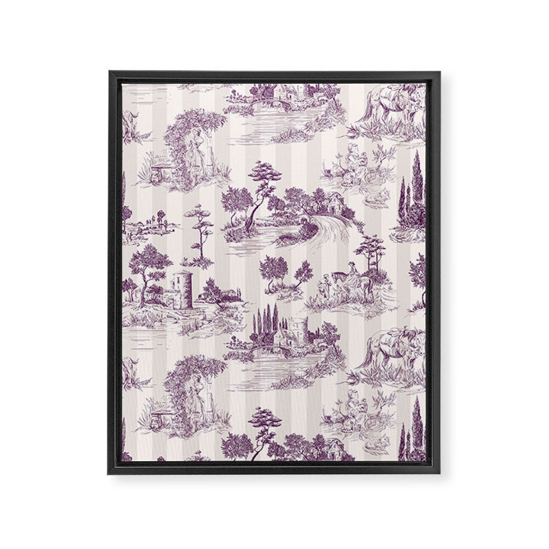 Toile de Jouy French Vintage Pastoral Plum & Cream Stripe Framed Canvas Print Gallery Image 6