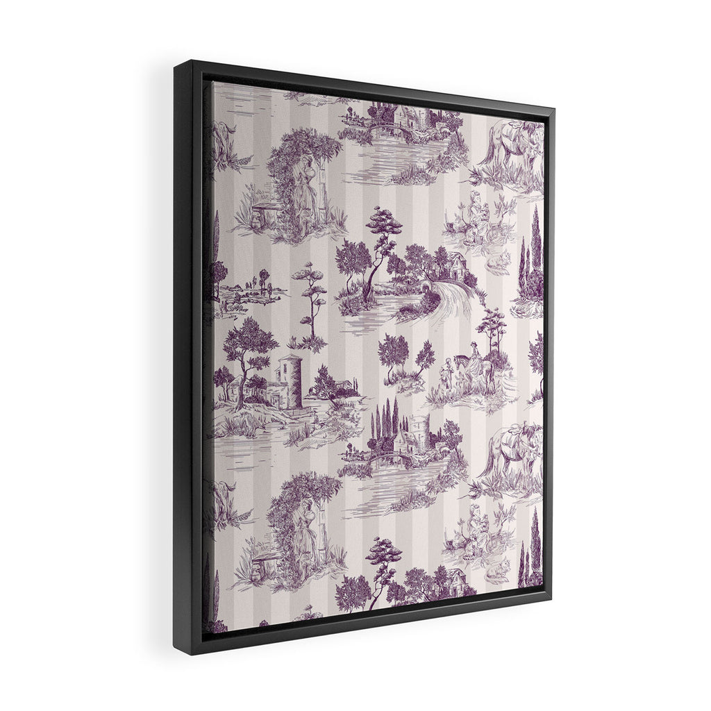 Toile de Jouy French Vintage Pastoral Plum & Cream Stripe Framed Canvas Print Gallery Image 2
