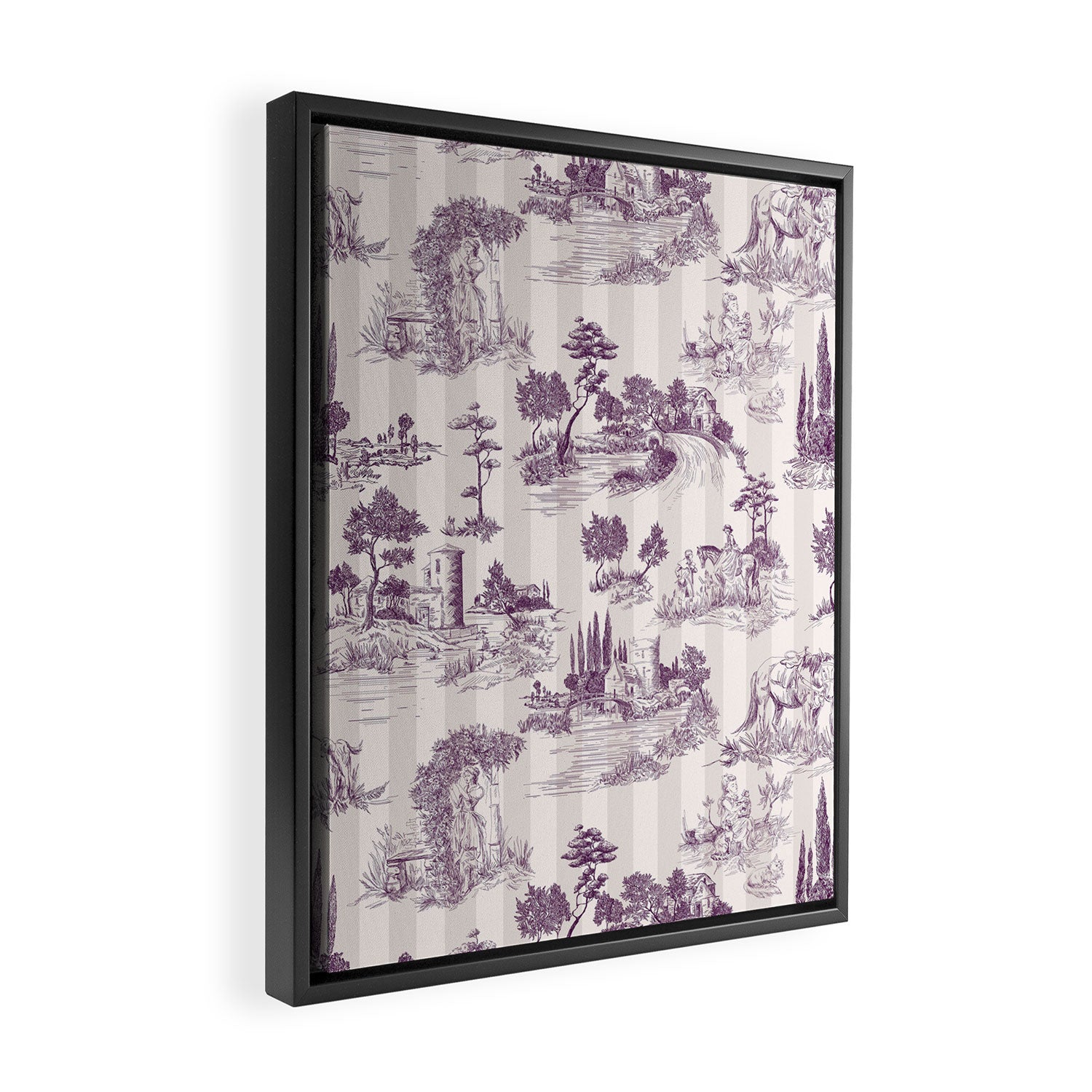 Toile de Jouy French Vintage Pastoral Plum & Cream Stripe Framed Canvas Print Gallery Image 2