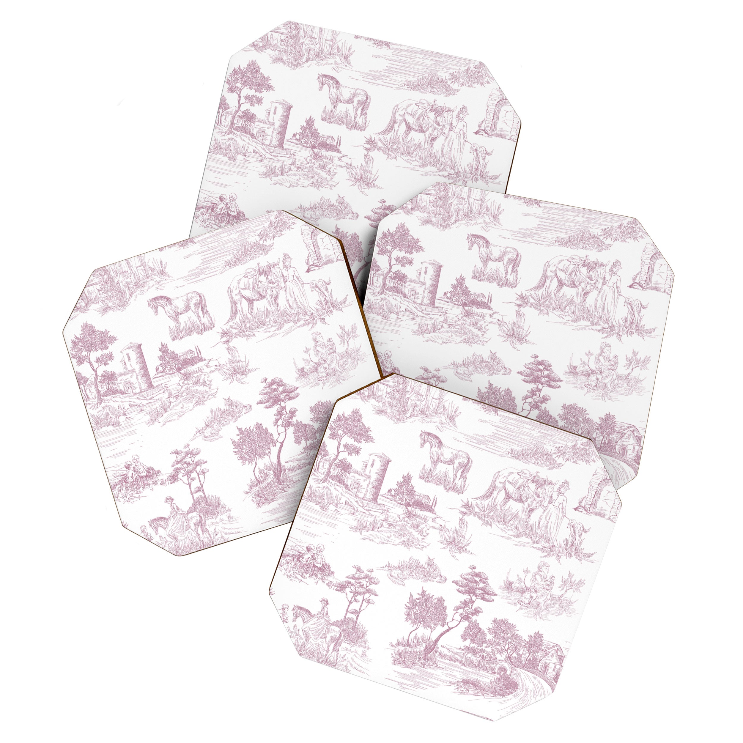 Toile de Jouy French Vintage Rose Lilac Blush & White Coaster Gallery Image 1