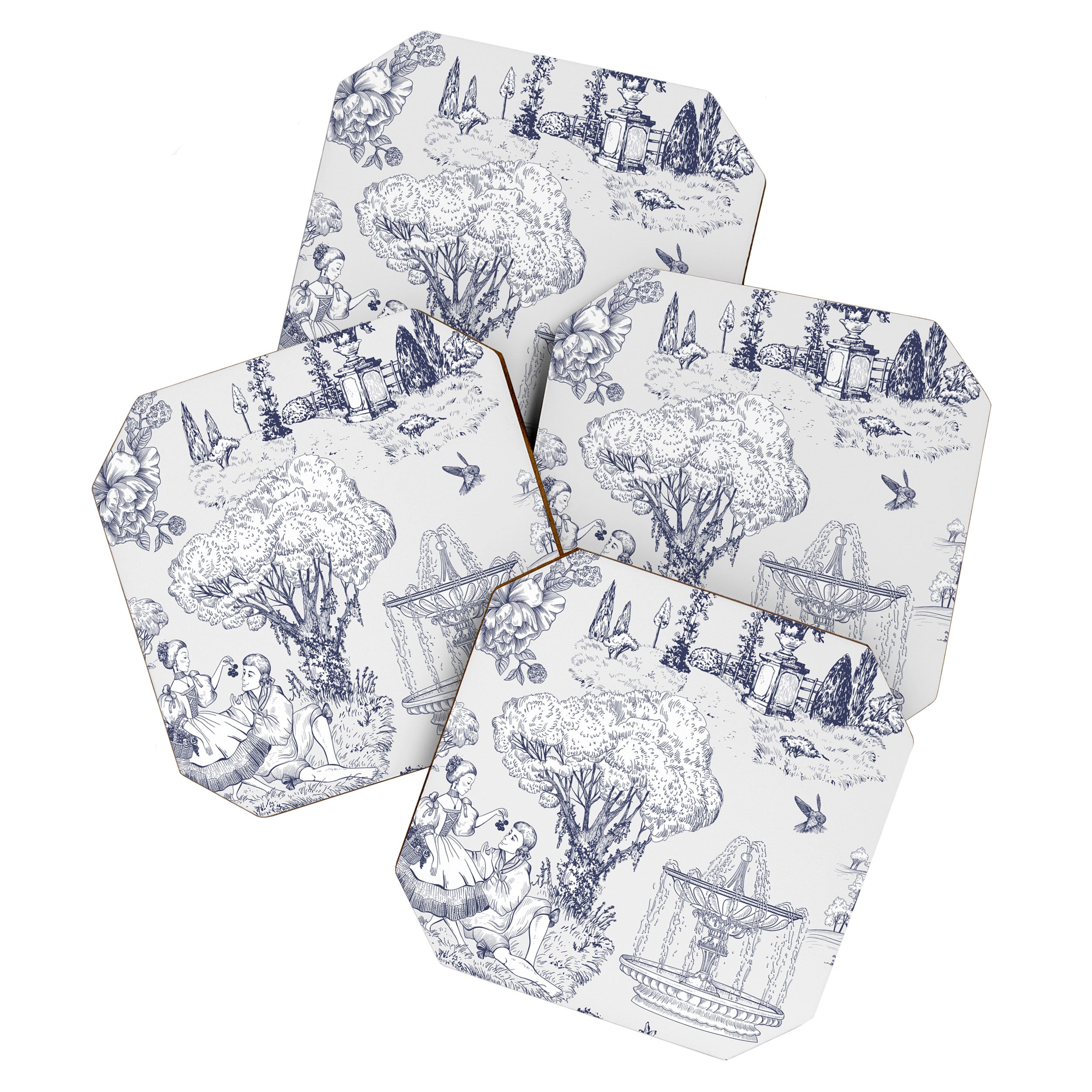 Toile de Jouy Modern Vintage French Lovers Blue & White Art Print Coaster Gallery Image 1