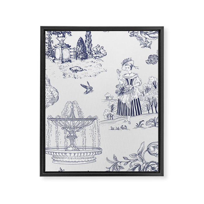 Toile de Jouy Modern Vintage French Lovers Blue & White Art Print Framed Canvas Print Gallery Image 1