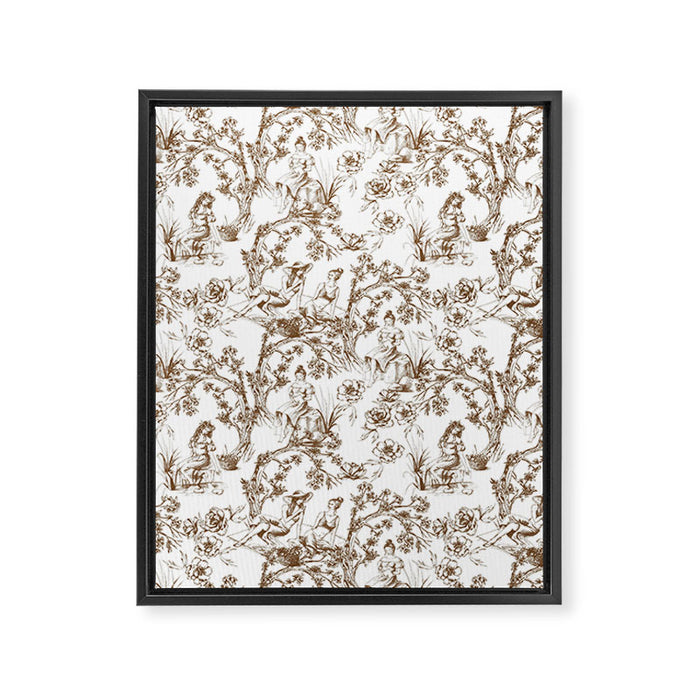 Toile de Jouy Modern Vintage Summer Picnic Girls Brown & White Framed Canvas Print Gallery Image 1