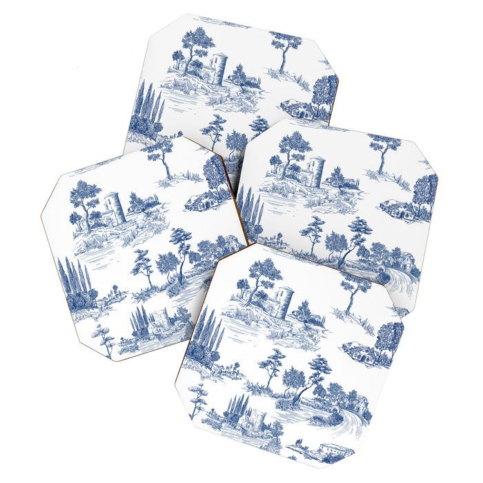 Toile de Jouy Vintage French Navy Blue White Pastoral Pattern Coaster Gallery Image 1