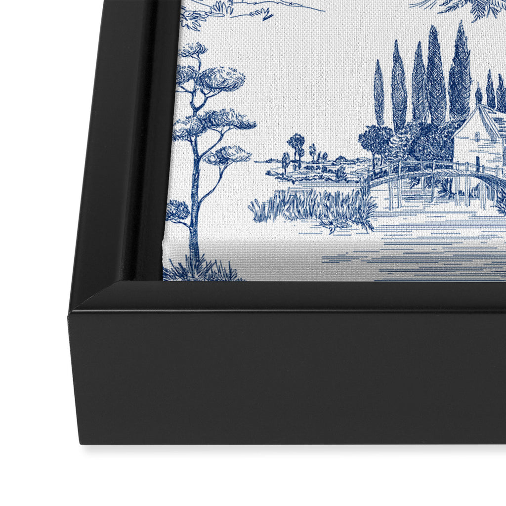 Toile de Jouy Vintage French Navy Blue White Pastoral Pattern Framed Canvas Print Gallery Image 3