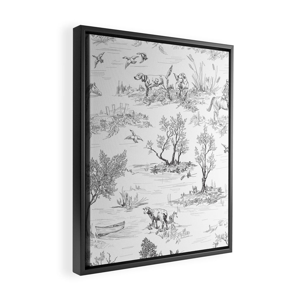 Toile de Jouy Vintage French Black & White Pattern Framed Canvas Print Gallery Image 2