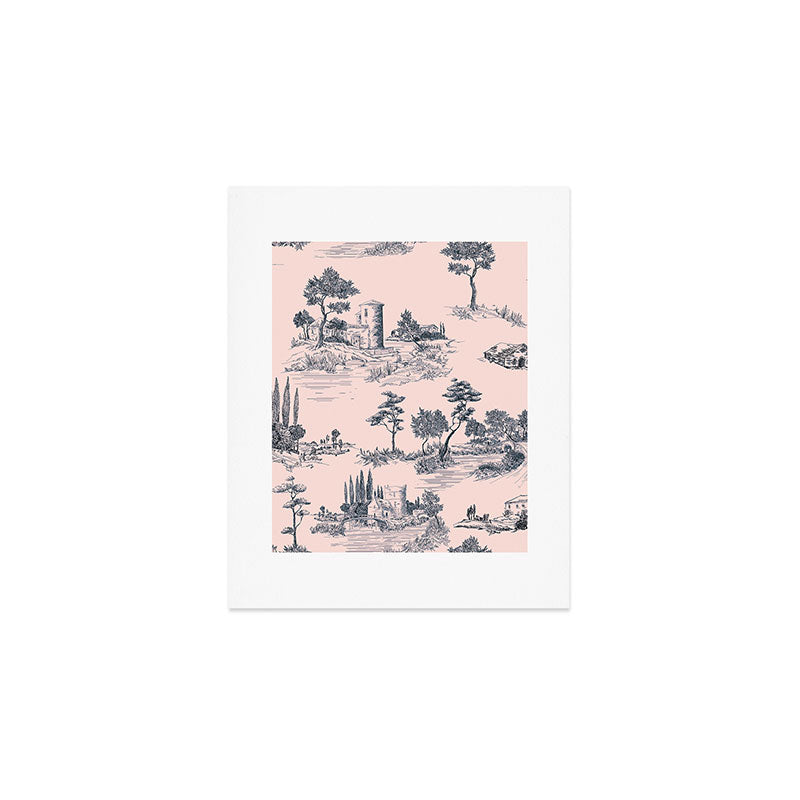 Toile de Jouy Vintage French Blush Pink & Black Pattern Art Print Gallery Image 1