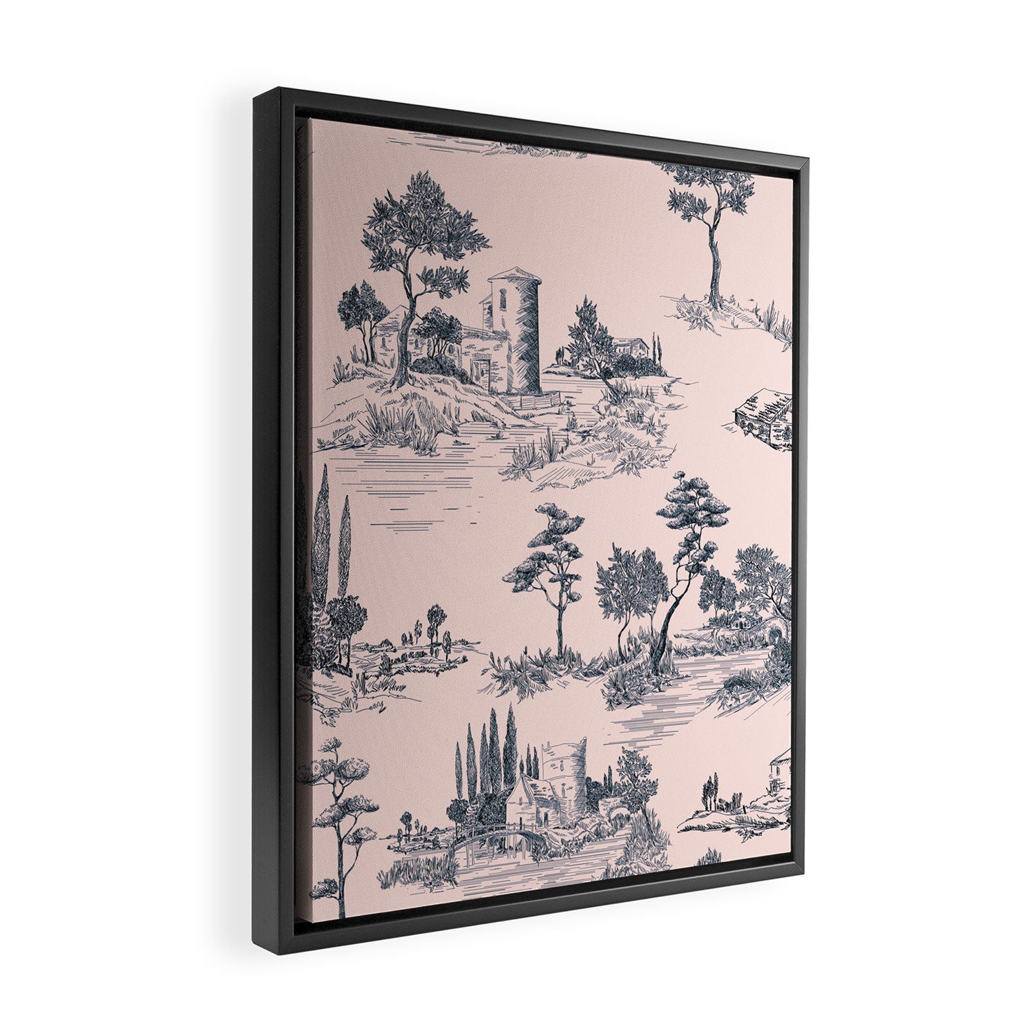 Toile de Jouy Vintage French Blush Pink & Black Pattern Framed Canvas Print Gallery Image 2