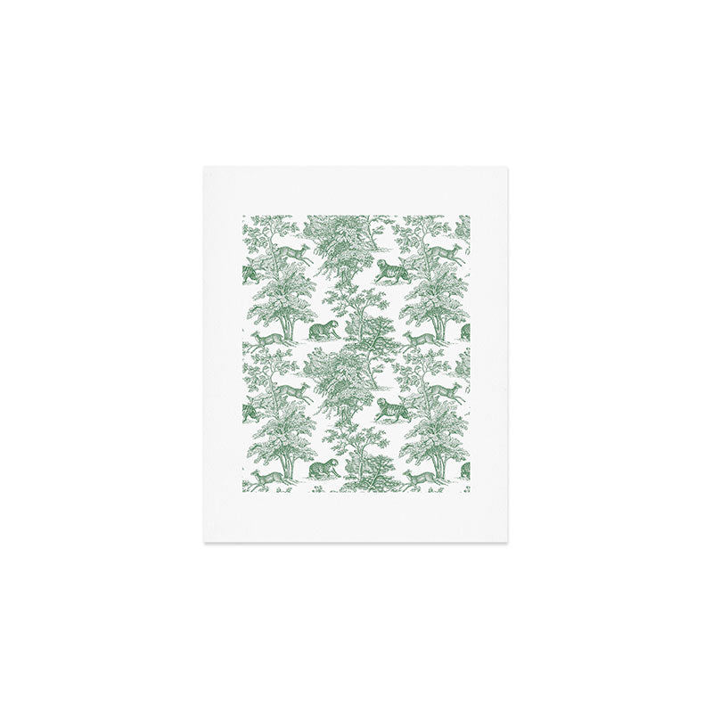 Toile de Jouy Vintage French Exotic Jungle Forest Green & White Art Print Gallery Image 1
