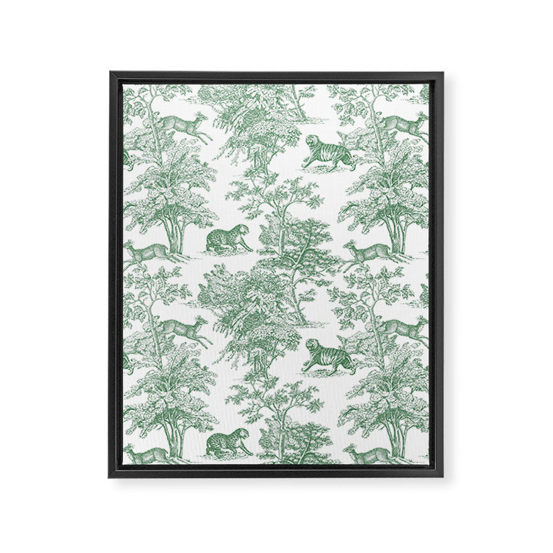 Toile de Jouy Vintage French Exotic Jungle Forest Green & White Framed Canvas Print Gallery Image 8
