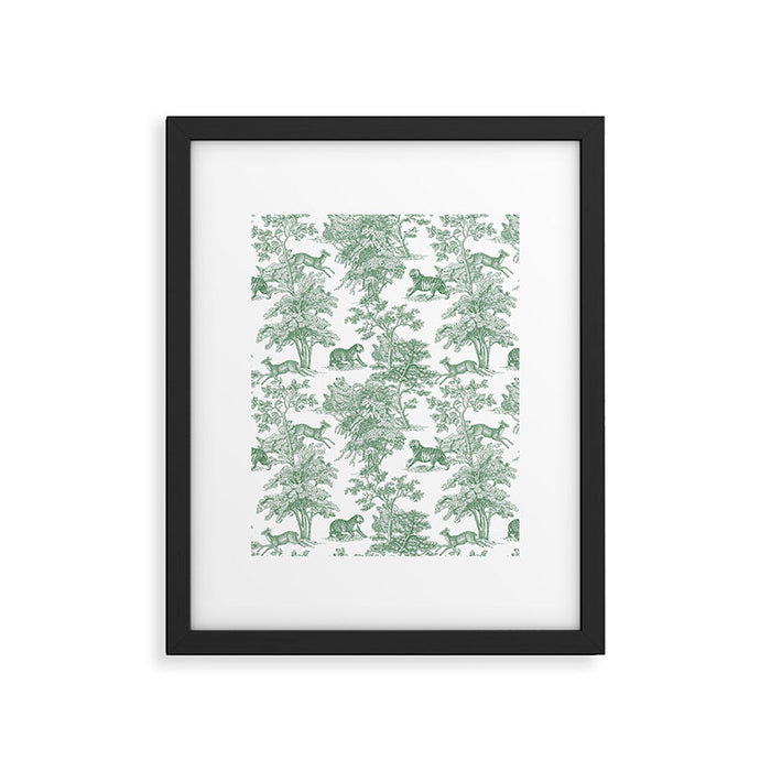 Toile de Jouy Vintage French Exotic Jungle Forest Green & White Framed Art Print Gallery Image 1