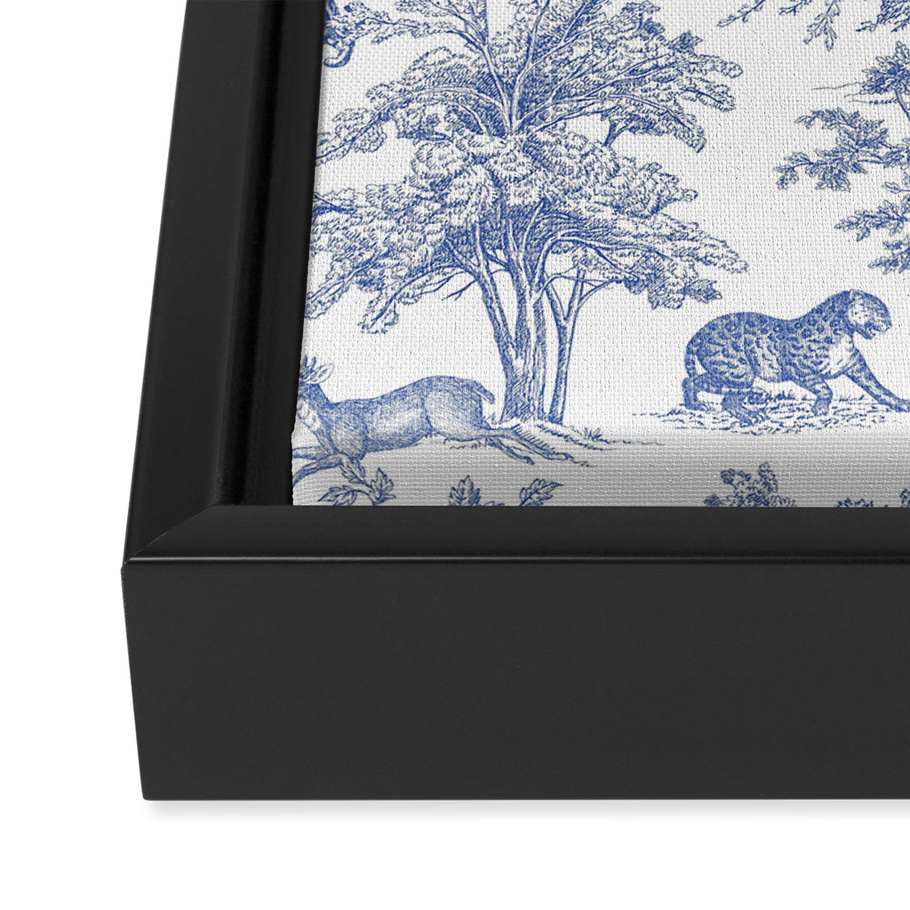 Toile de Jouy Vintage French Exotic Jungle Forest Navy Blue & White Framed Canvas Print Gallery Image 3