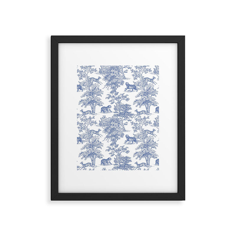 Toile de Jouy Vintage French Exotic Jungle Forest Navy Blue & White Framed Art Print Gallery Image 6