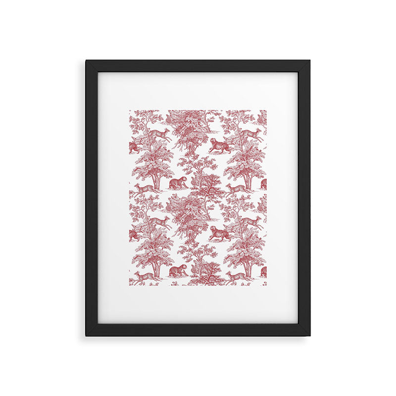 Toile de Jouy Vintage French Exotic Jungle Forest Red & White Framed Art Print Gallery Image 6