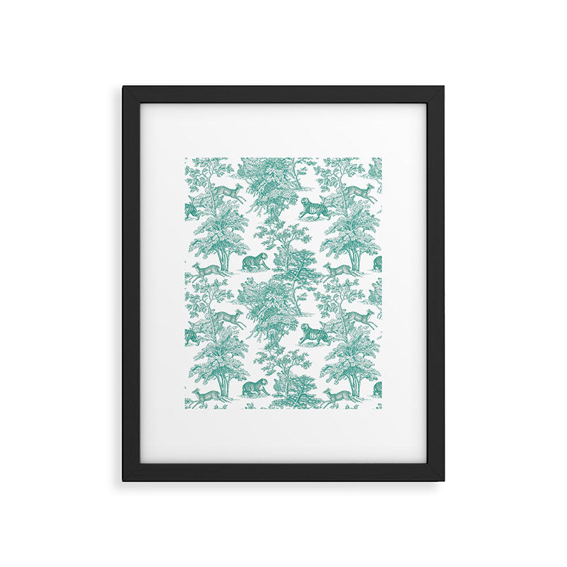 Toile de Jouy Vintage French Exotic Jungle Forest Teal & White Framed Art Print Gallery Image 6