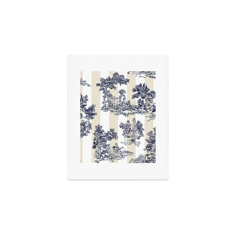 Toile de Jouy Vintage French Lovers Beige Cream & White Stripe Art Print Gallery Image 1
