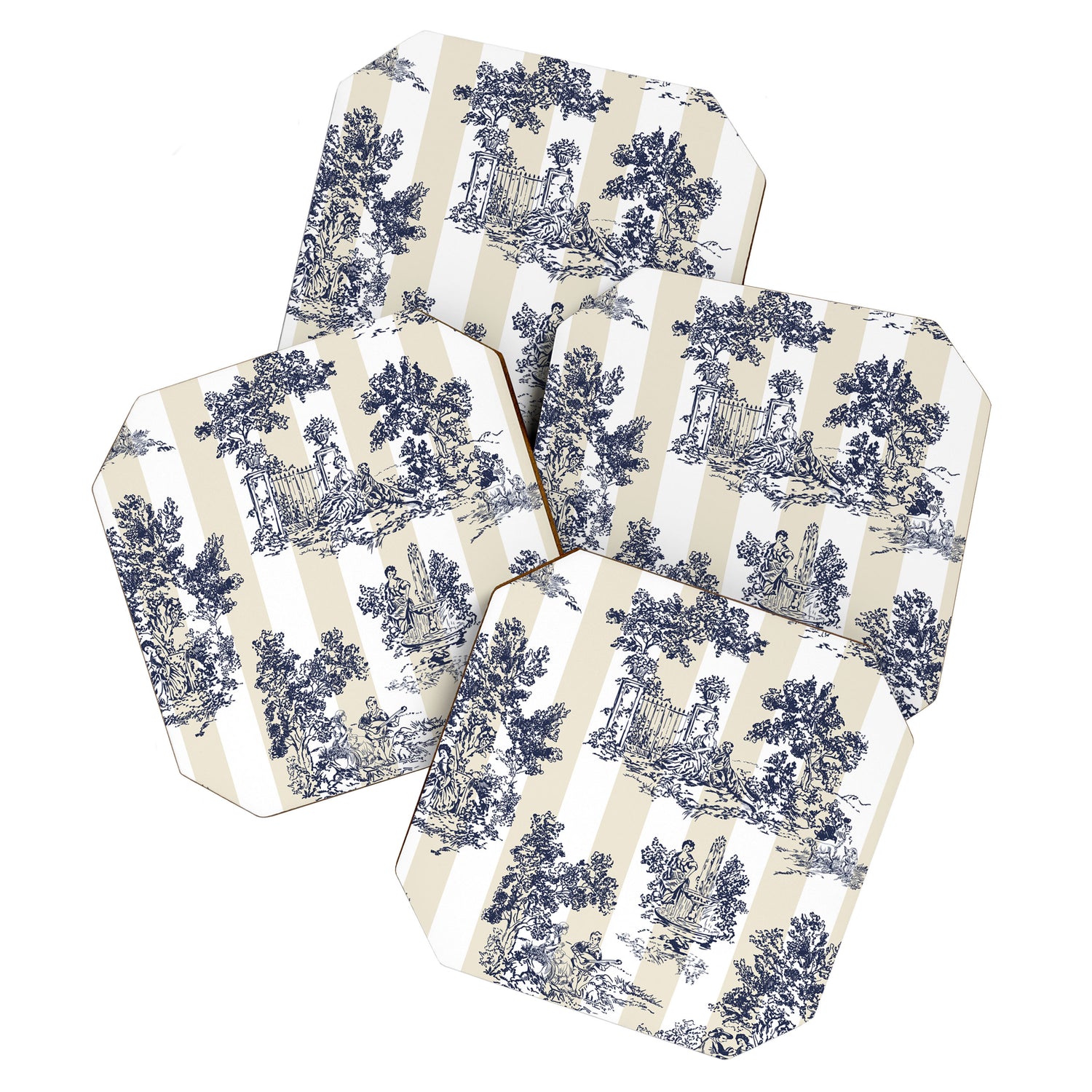 Toile de Jouy Vintage French Lovers Beige Cream & White Stripe Coaster Gallery Image 1