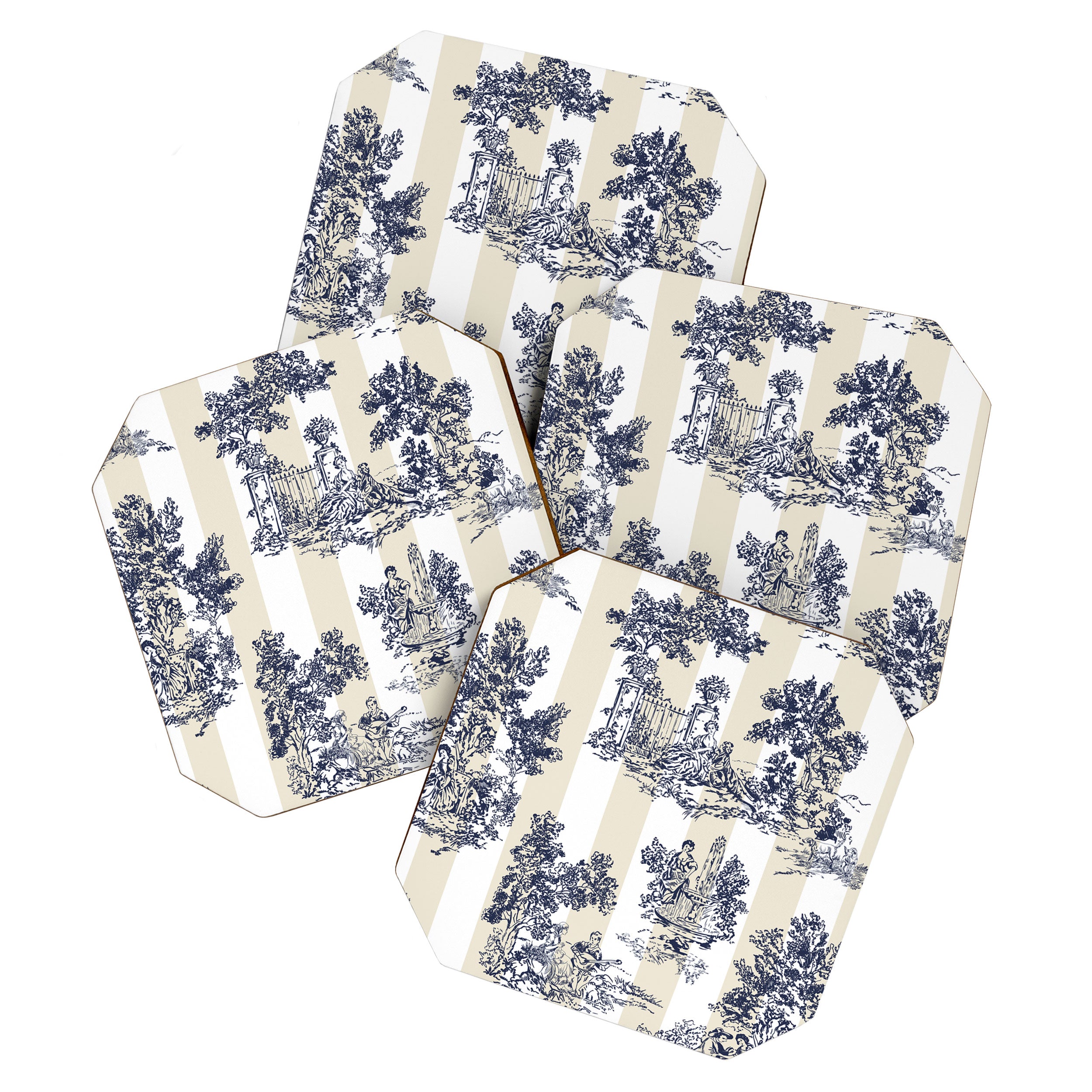 Toile de Jouy Vintage French Lovers Beige Cream & White Stripe Coaster Gallery Image 1