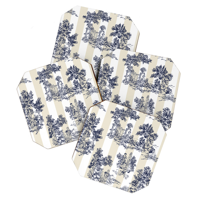 Toile de Jouy Vintage French Lovers Beige Cream & White Stripe Coaster Gallery Image 1