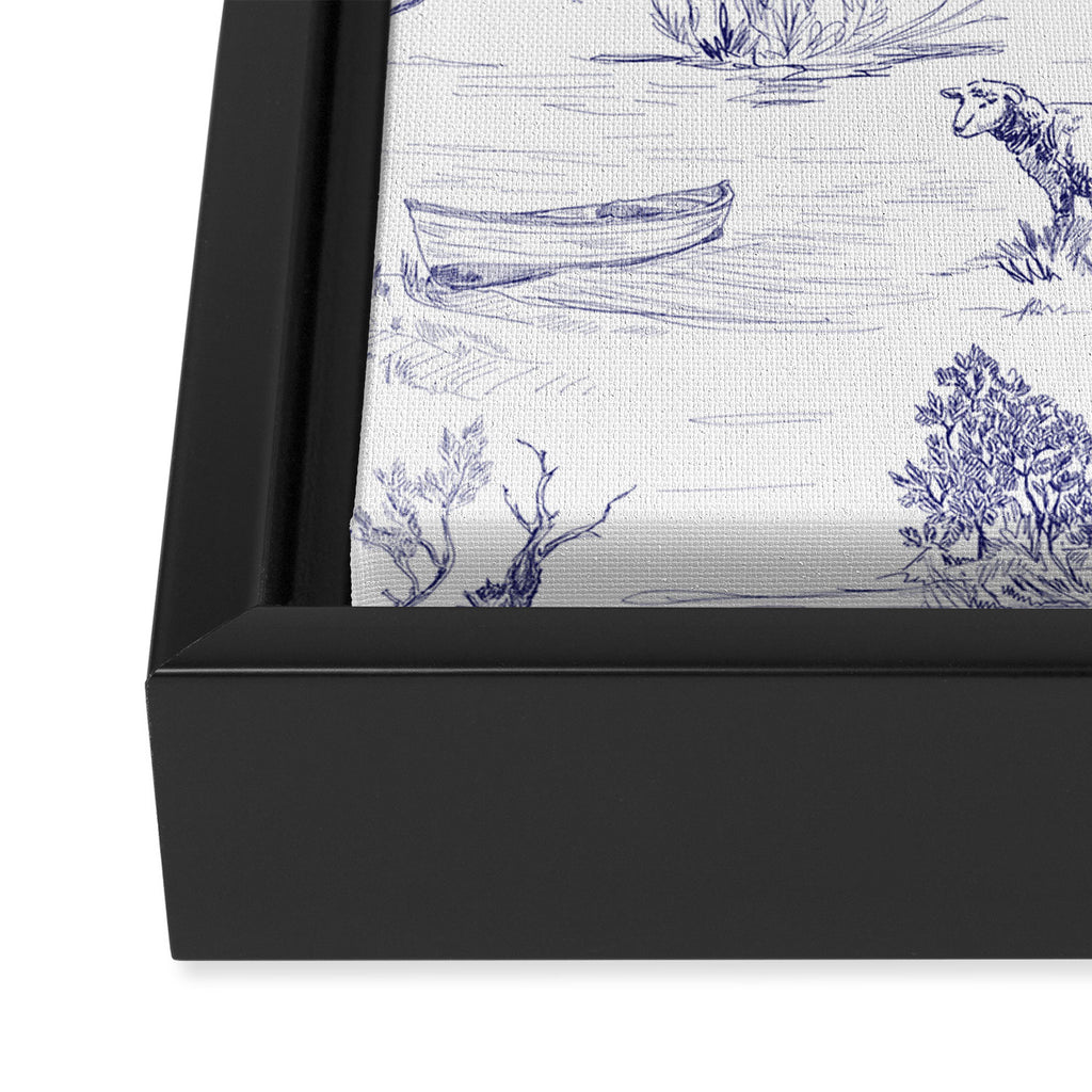 Toile de Jouy Vintage French Navy Blue White Pattern Framed Canvas Print Gallery Image 3