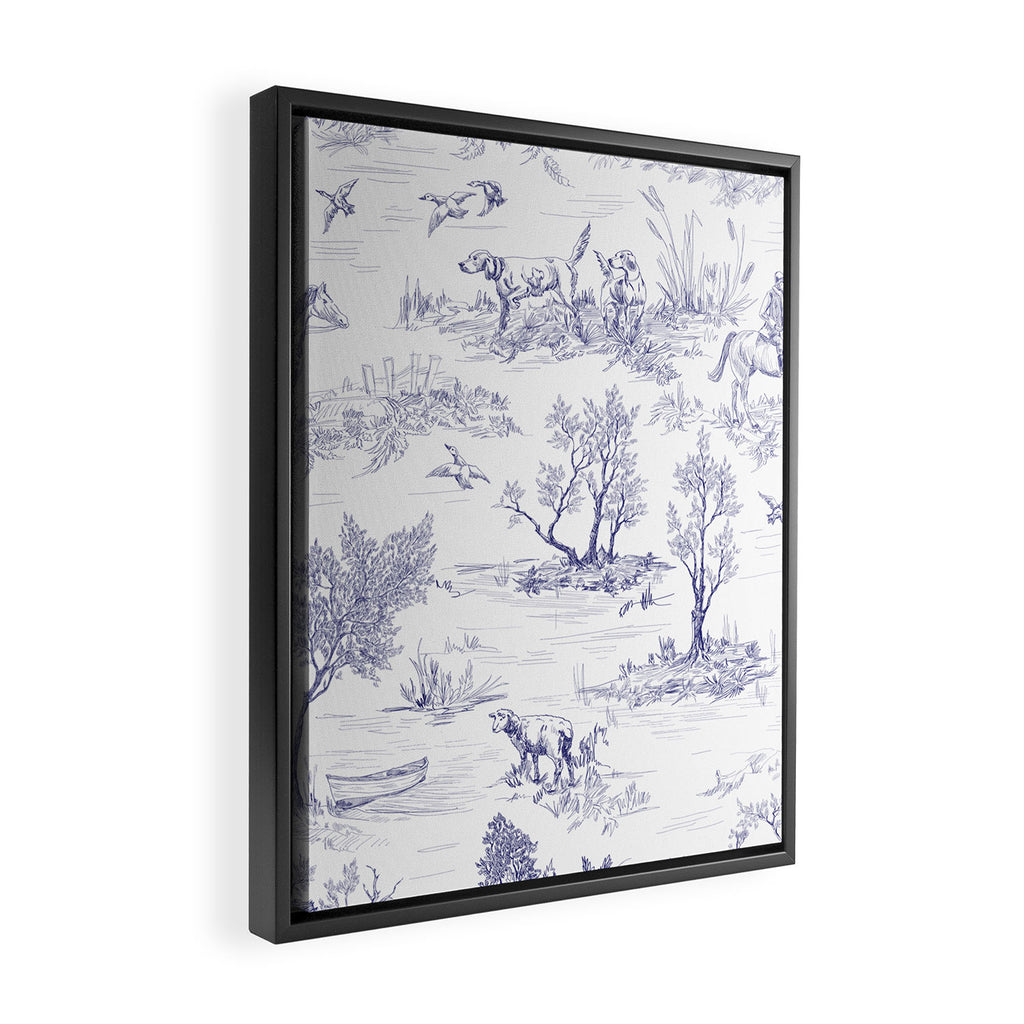 Toile de Jouy Vintage French Navy Blue White Pattern Framed Canvas Print Gallery Image 2