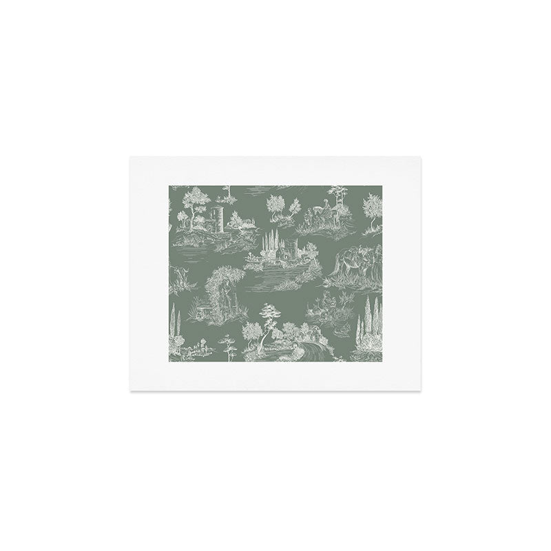 Toile de Jouy Vintage French Pastoral Sage Green & White Art Print Gallery Image 1