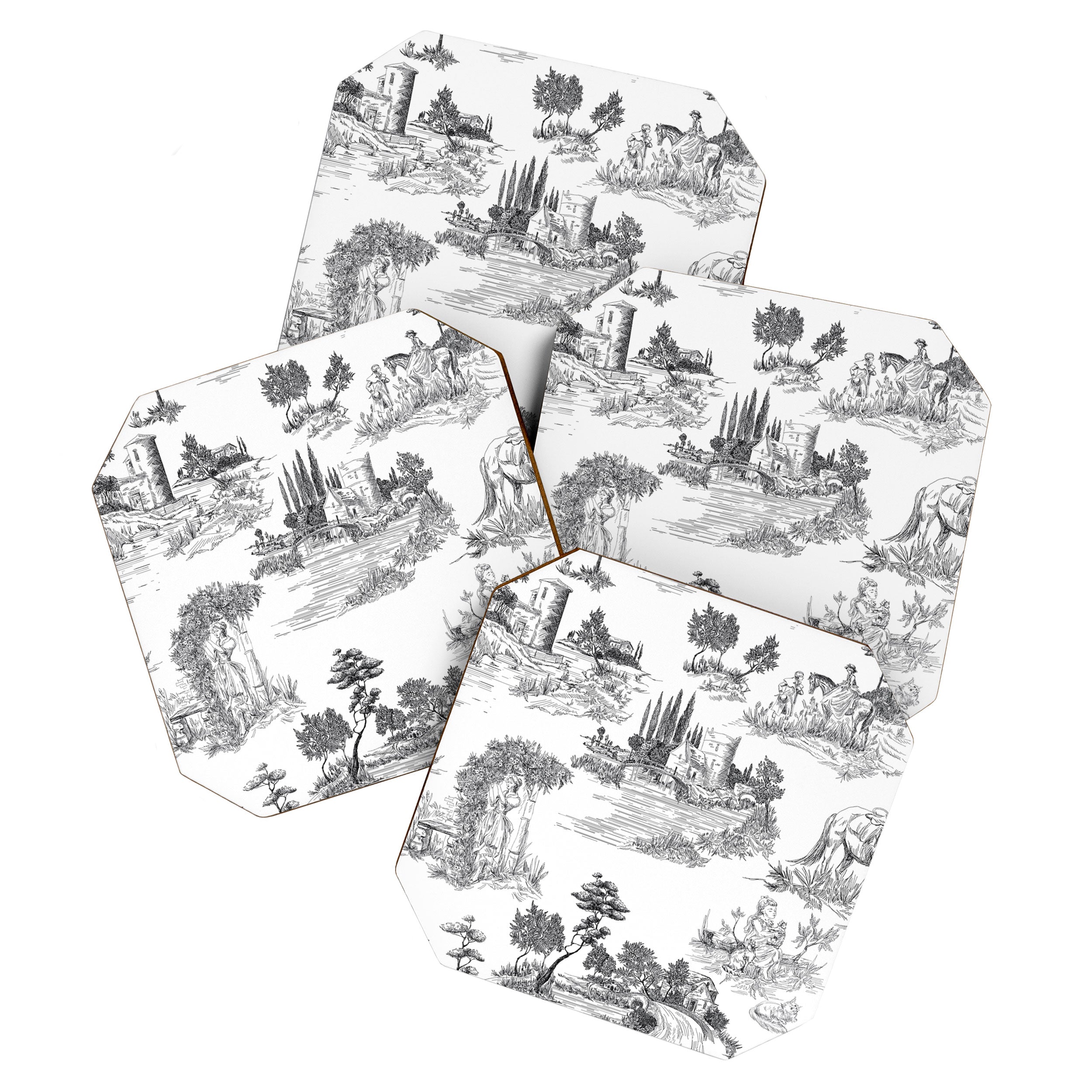 Toile de Jouy Vintage French Romantic Pastoral Black & White Coaster Gallery Image 1