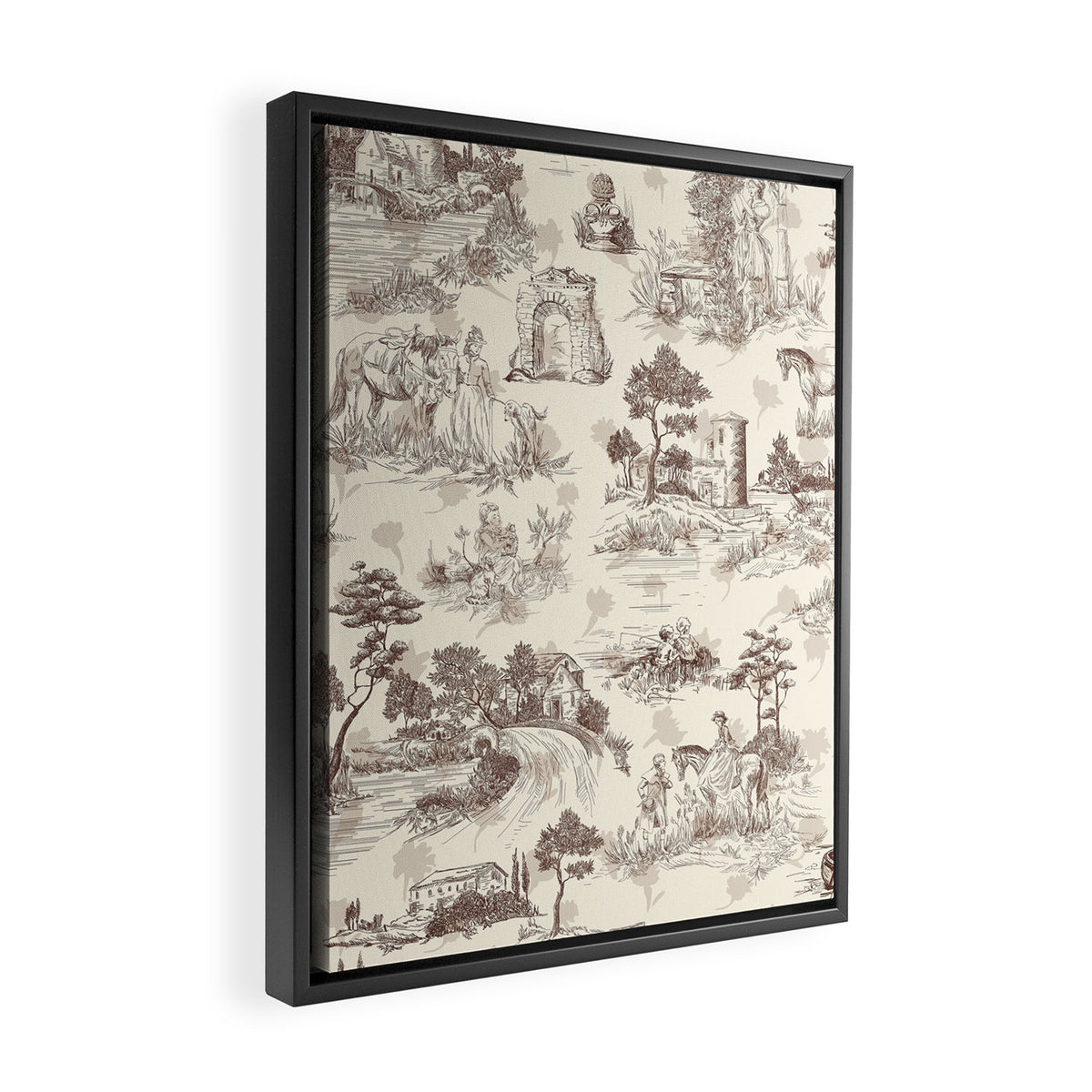 Toile de Jouy Vintage French Sepia Romantic Pastoral  Framed Canvas Print Gallery Image 2