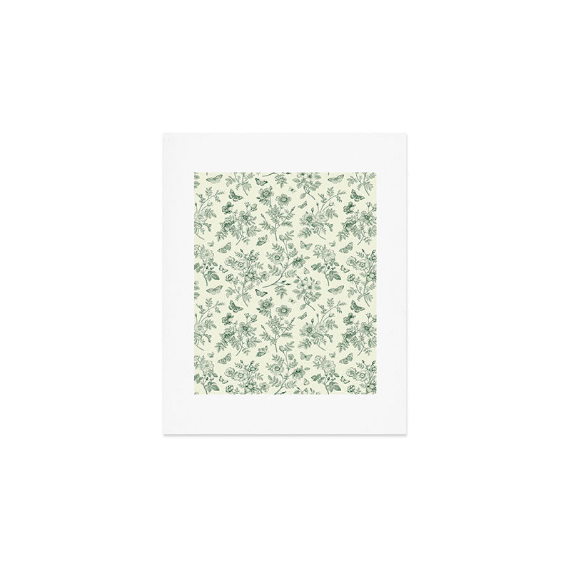 Toile de Jouy Wild Roses & Butterflies Forest Green Floral Art Print Gallery Image 1