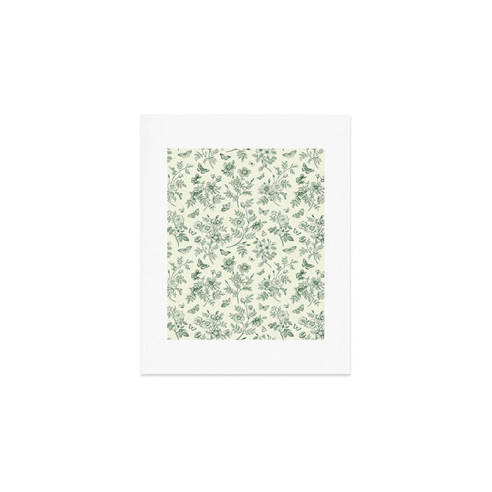 Toile de Jouy Wild Roses & Butterflies Forest Green Floral Art Print Gallery Image 1