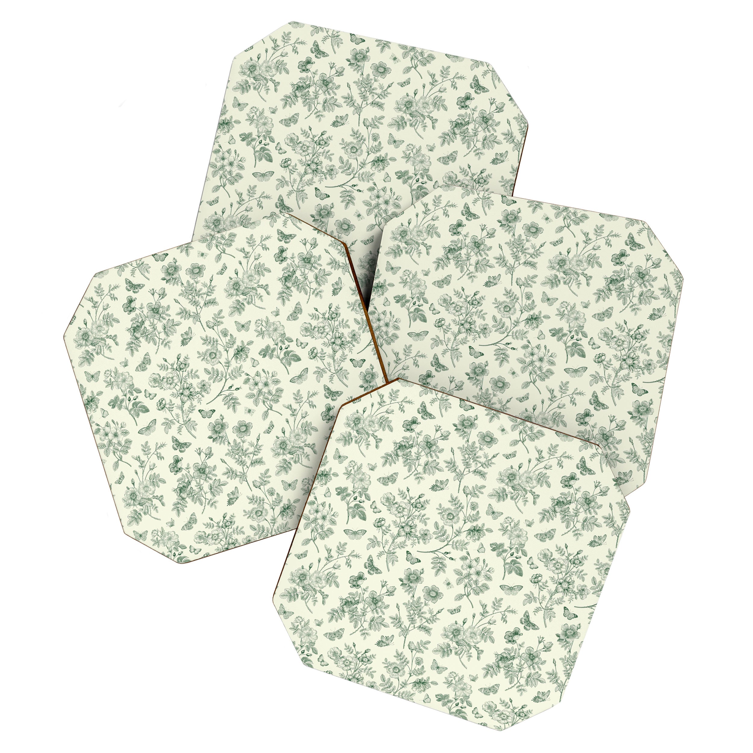 Toile de Jouy Wild Roses & Butterflies Forest Green Floral Coaster Gallery Image 1