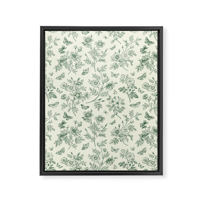 Toile de Jouy Wild Roses & Butterflies Forest Green Floral Framed Canvas Print Gallery Image 1