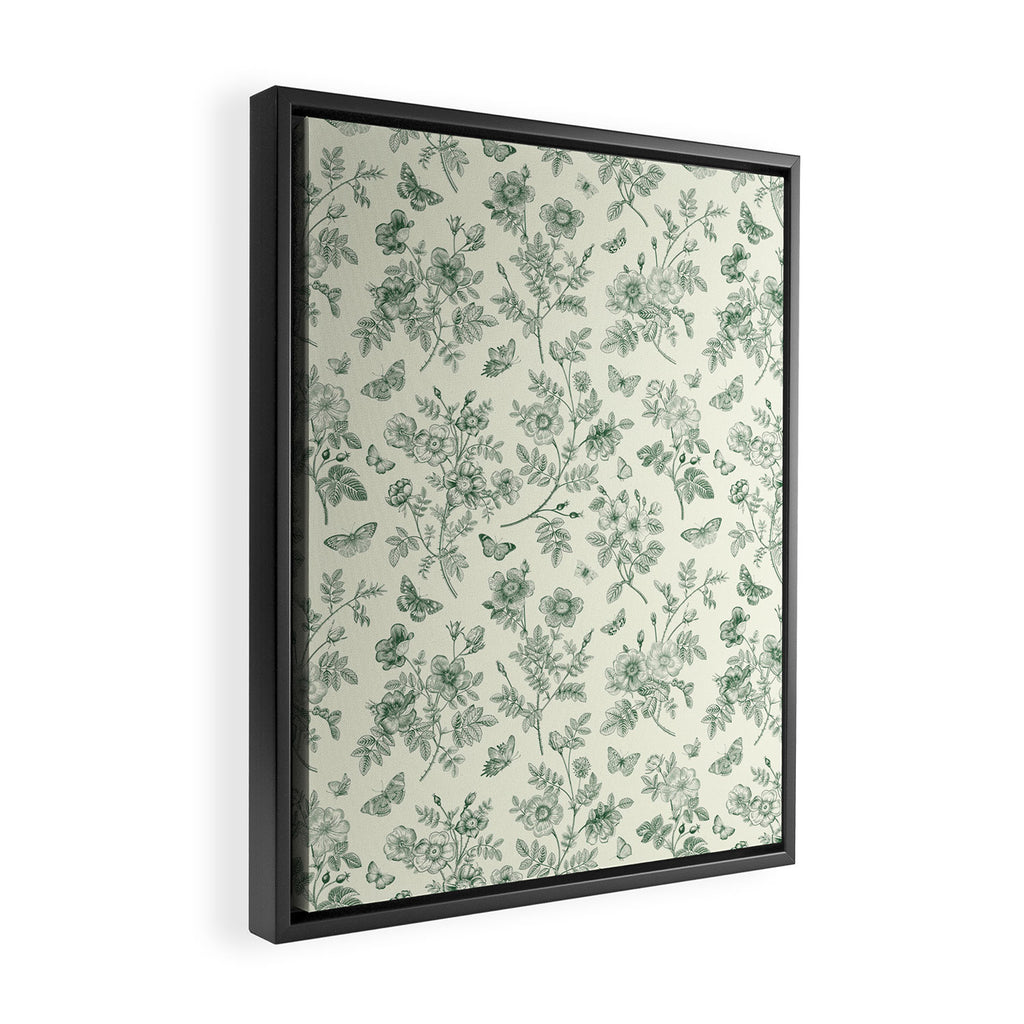 Toile de Jouy Wild Roses & Butterflies Forest Green Floral Framed Canvas Print Gallery Image 2
