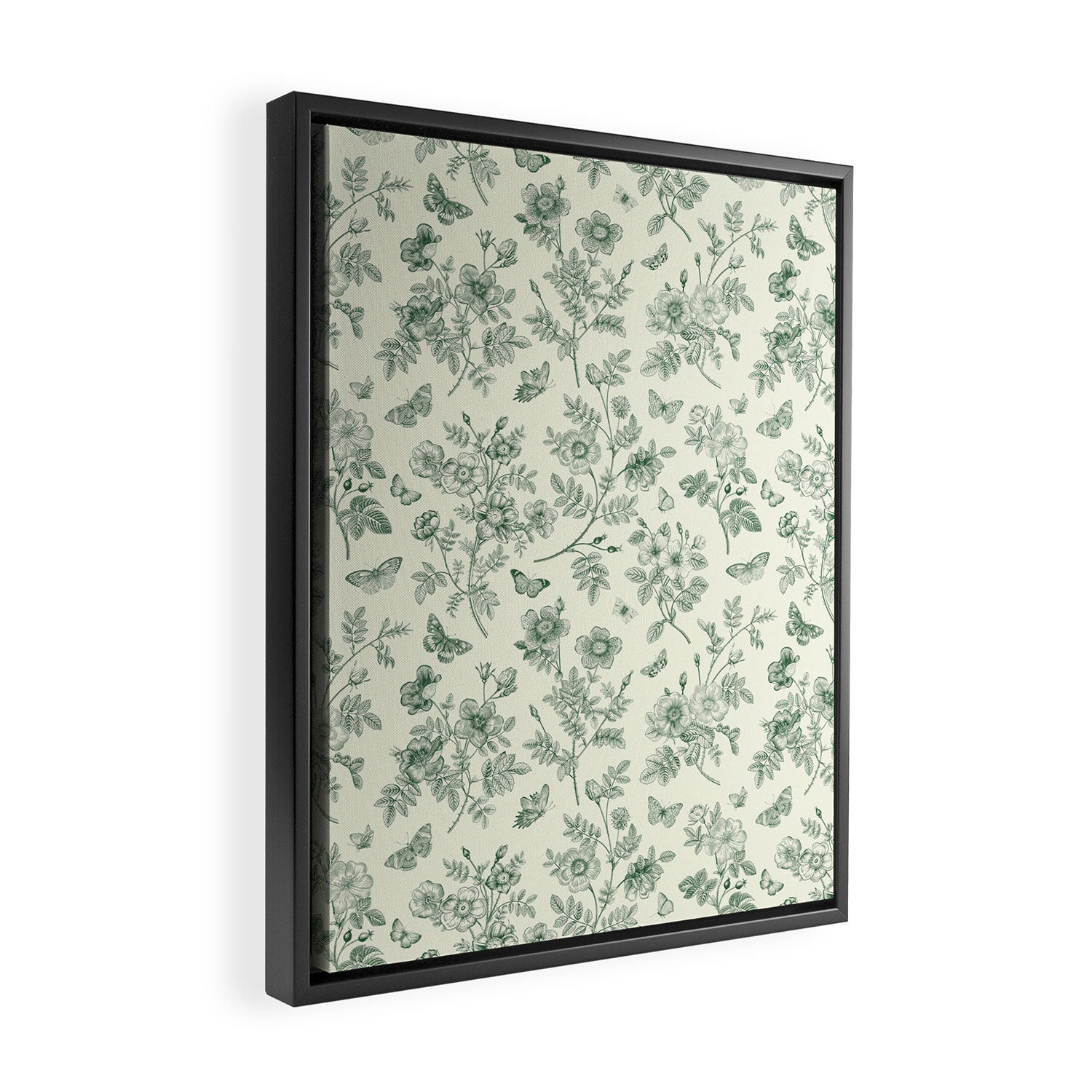 Toile de Jouy Wild Roses & Butterflies Forest Green Floral Framed Canvas Print Gallery Image 2