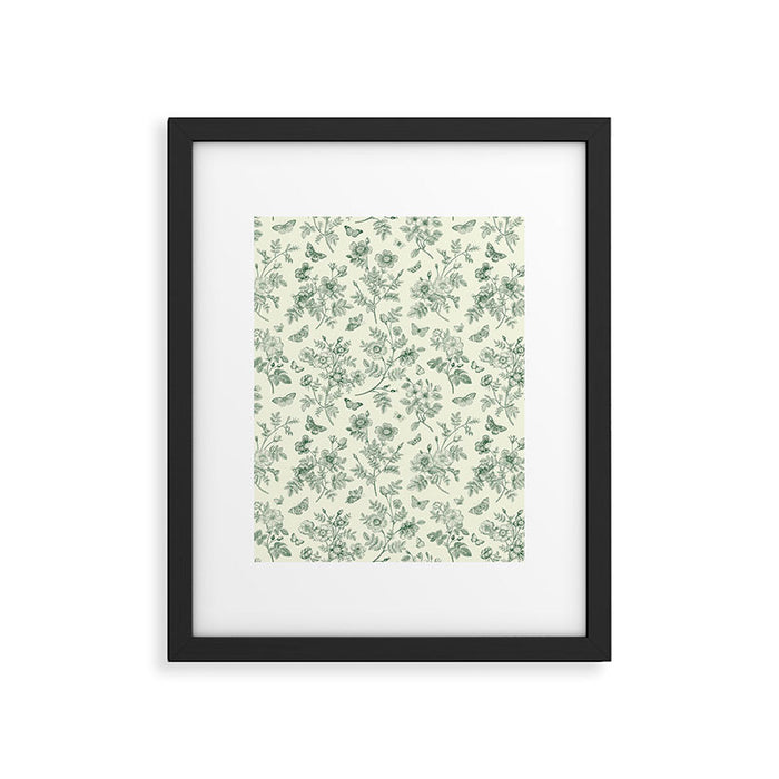 Toile de Jouy Wild Roses & Butterflies Forest Green Floral Framed Art Print Gallery Image 1