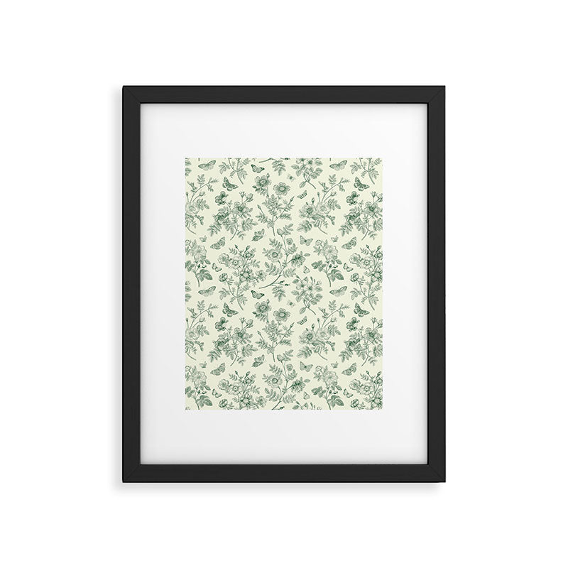 Toile de Jouy Wild Roses & Butterflies Forest Green Floral Framed Art Print Gallery Image 6