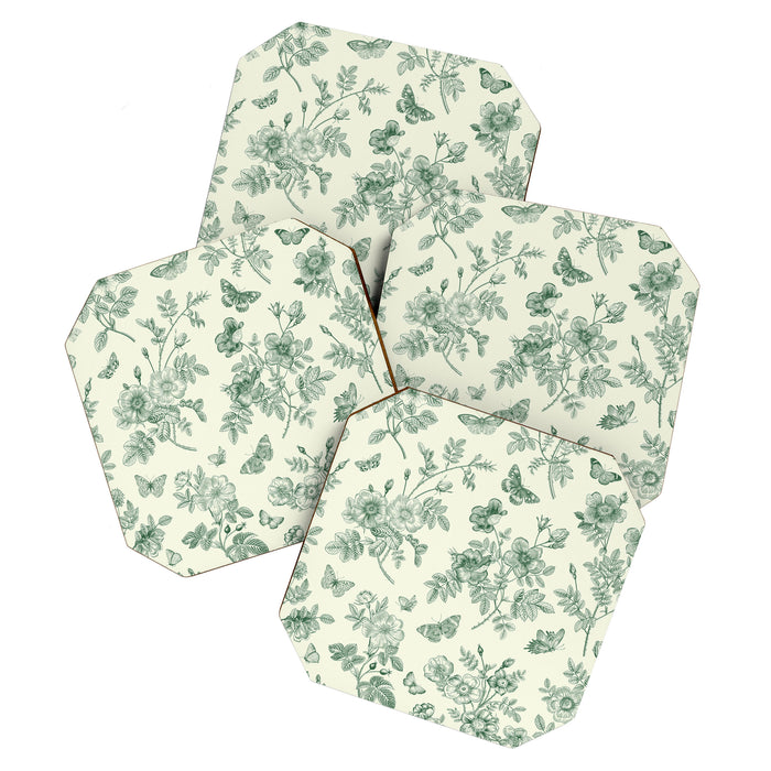 Toile de Jouy Wild Roses Forest Green Floral Coaster Gallery Image 1