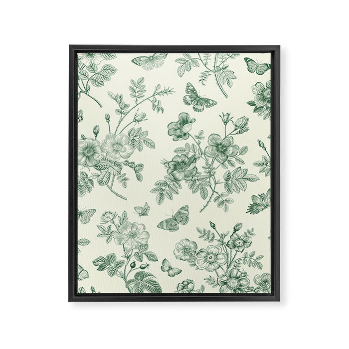 Toile de Jouy Wild Roses Forest Green Floral Framed Canvas Print Gallery Image 1