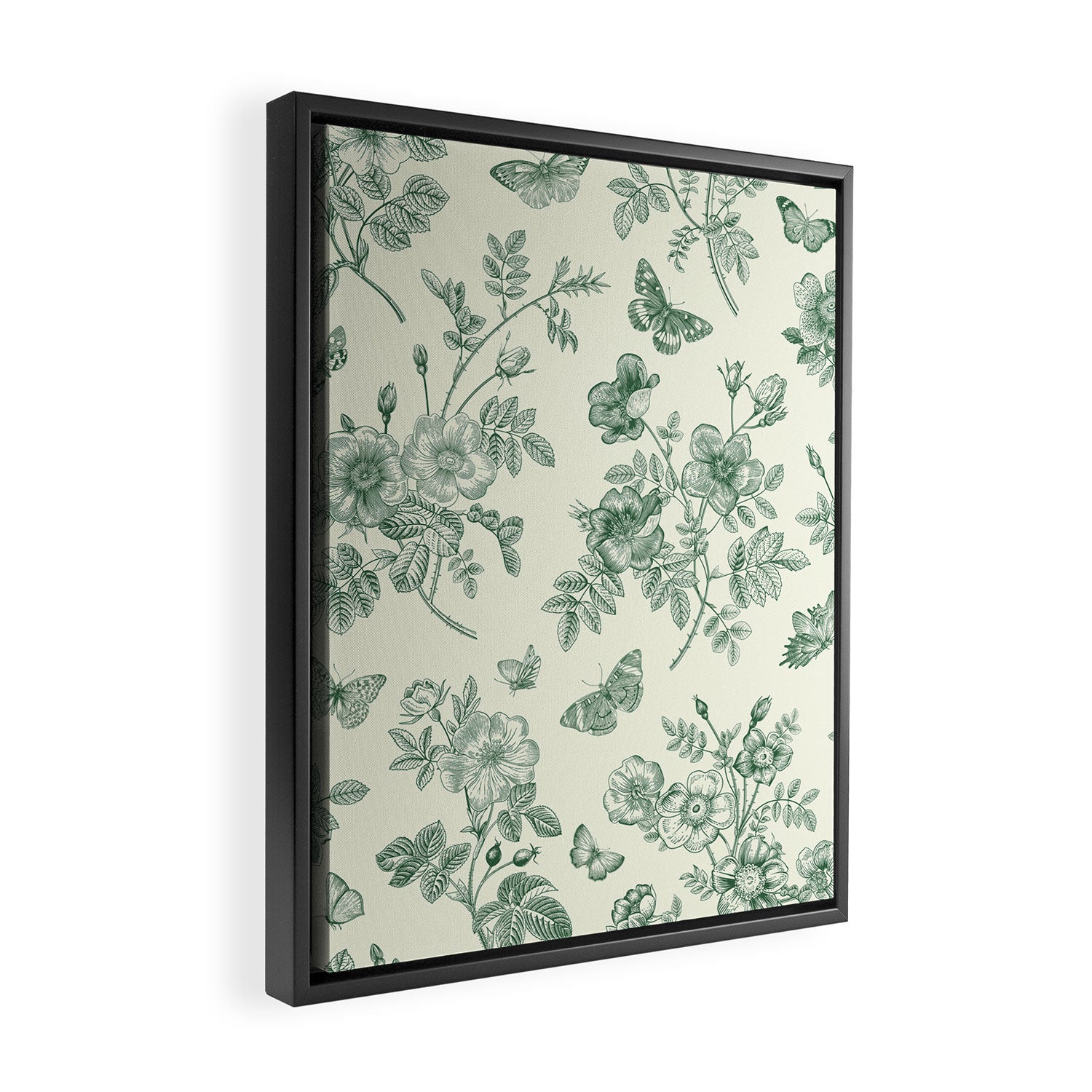 Toile de Jouy Wild Roses Forest Green Floral Framed Canvas Print Gallery Image 2