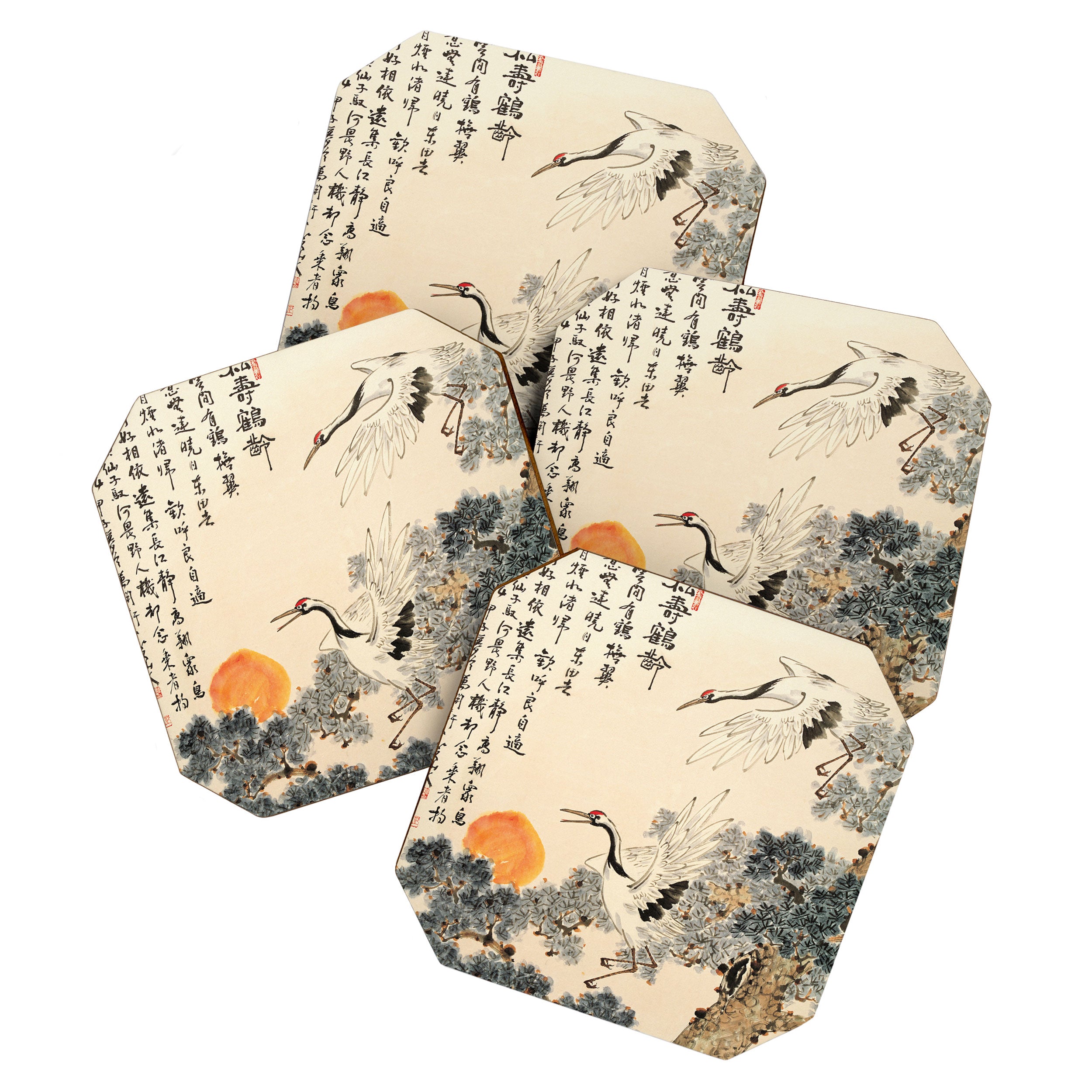 Traditional Asian Calligraphy Sunrise Cranes Painting Coaster Gallery Image 1