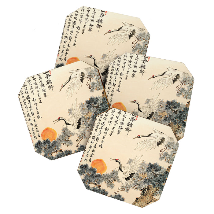 Traditional Asian Calligraphy Sunrise Cranes Painting Coaster Gallery Image 1