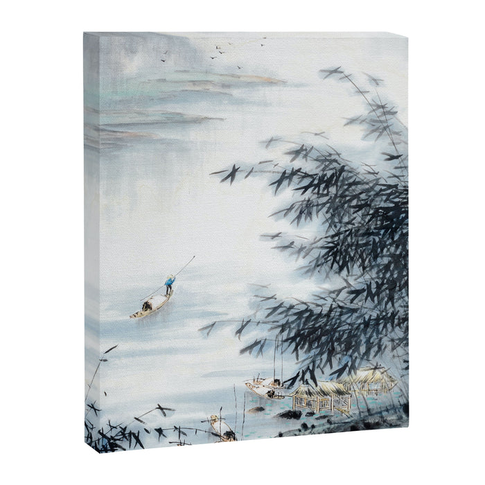 Traditional Japanese Ink Fishing Boat Mountain River Landscape Canvas Print Gallery Image 1